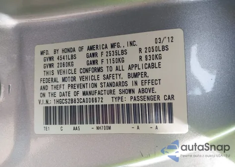 2012 Honda Accord 3.5 Ex-L из США, поврежденный, VIN 1HGCS2B83CA006672